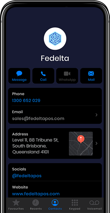 Phone screen with Fedelta's contact details